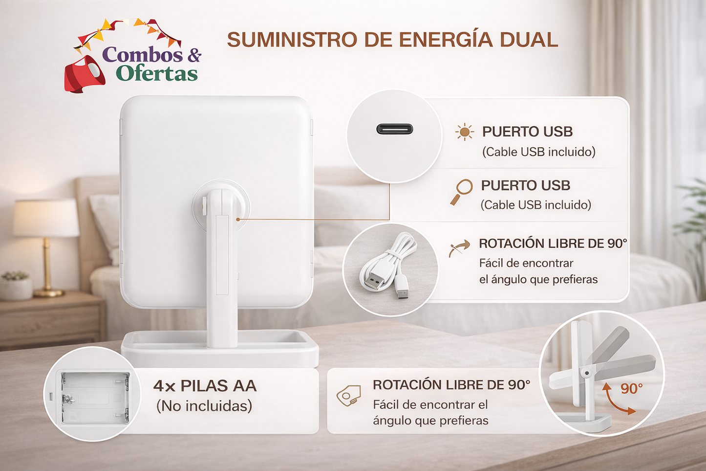 Espejo Luz LED Plegable Maquillaje